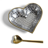 Heart-Shaped 5-1/4" Cast Metal Bowl with Matching Spoon, Gold Exterior with Silver Crocodile Embossed Interior