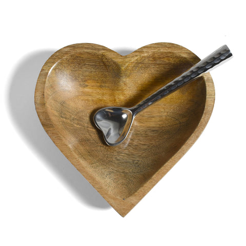 Heart-Shaped 6" Wooden Bowl with Matching Hammered Metal Spoon