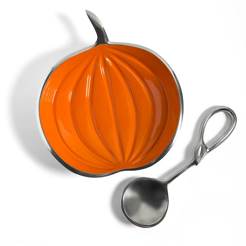 Pumpkin Shaped 7-1/2" Cast Metal Bowl with Spoon, Orange/Silver