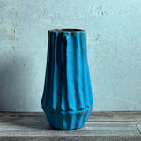 8" Ribbed Stoneware Vase, Aqua Blue