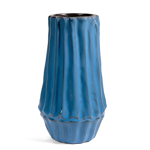 8" Ribbed Stoneware Vase, Aqua Blue