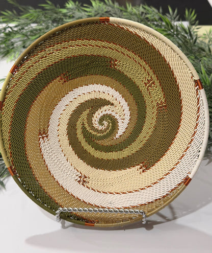 Fair Trade Zulu Telephone Wire 12" Shallow Platter Basket, Olive