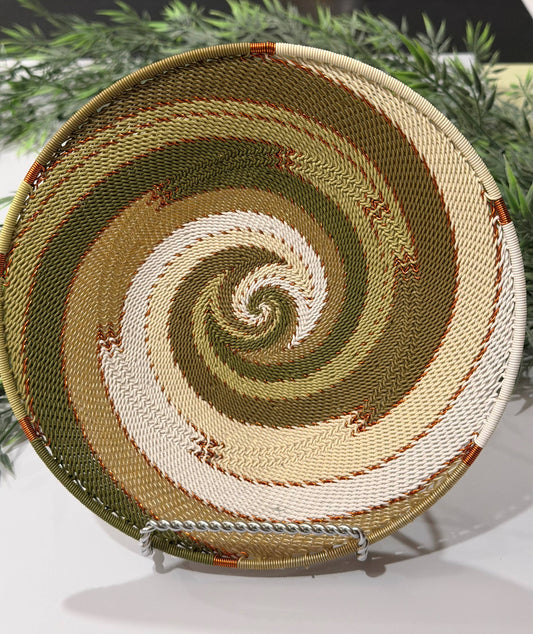 Fair Trade Zulu Telephone Wire 12" Shallow Platter Basket, Olive