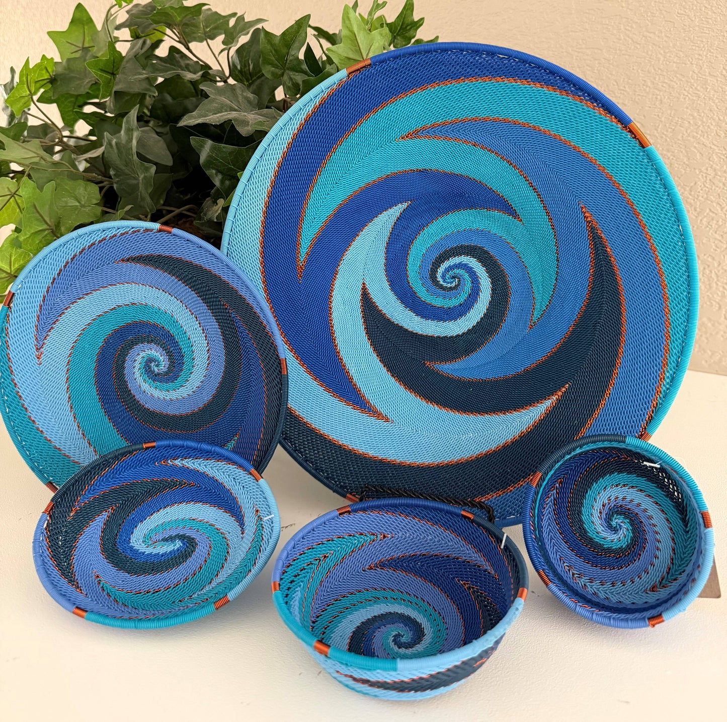 Fair Trade Zulu Telephone Wire 12" Shallow Platter Basket, Sapphire