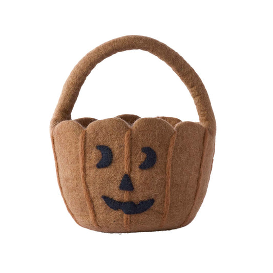 Pumpkin Felted Wool Jack O' Lantern Trick or Treat Basket from Nepal, Orange