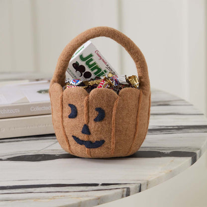 Pumpkin Felted Wool Jack O' Lantern Trick or Treat Basket from Nepal, Orange