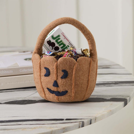 Pumpkin Felted Wool Jack O' Lantern Trick or Treat Basket from Nepal, Orange
