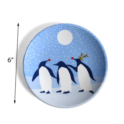 Arctic Antics Penguins by Kate Nelligan 6" Melamine Appetizer, Dessert, Snack Plate, Blue/Multi, Set of 6