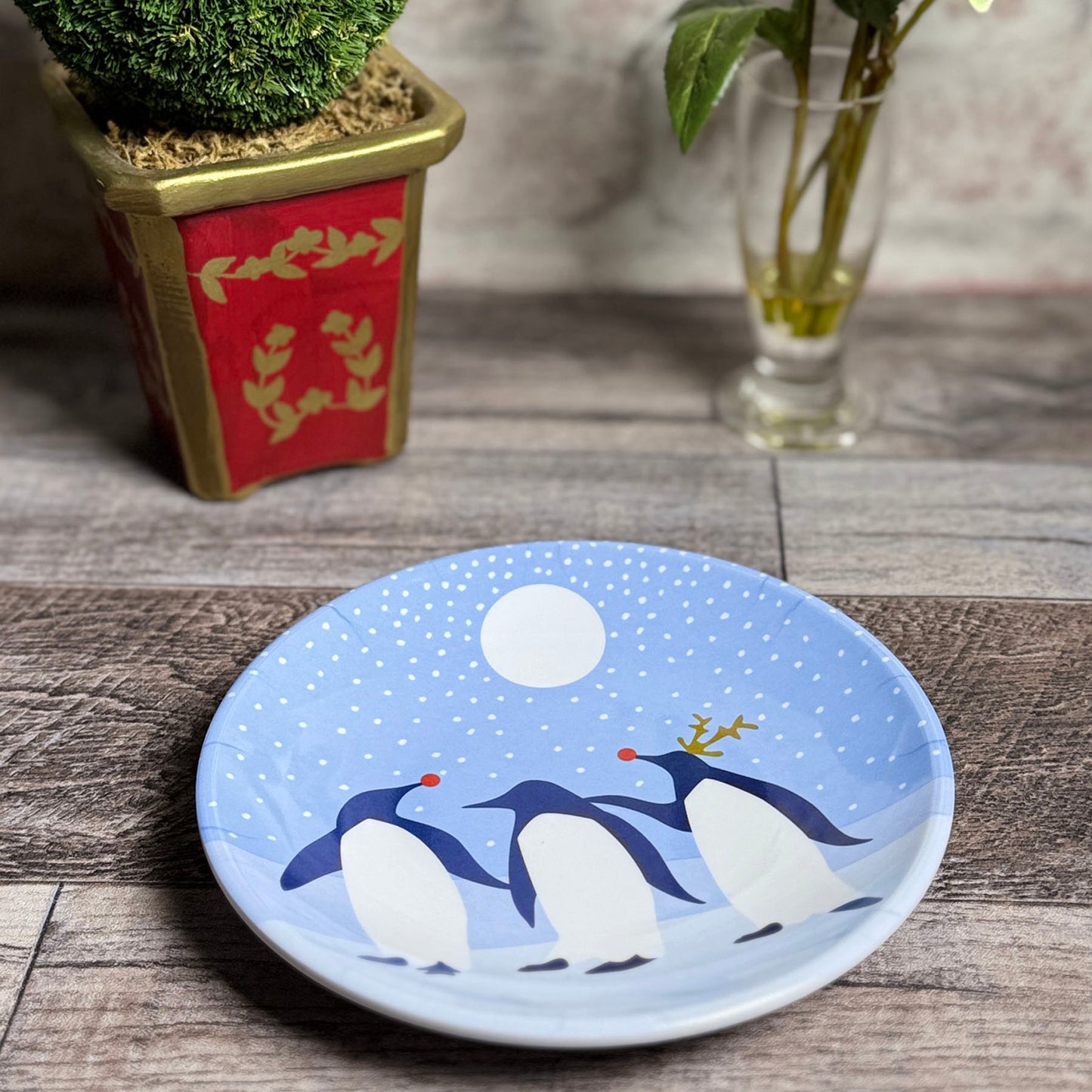Arctic Antics Penguins by Kate Nelligan 6" Melamine Appetizer, Dessert, Snack Plate, Blue/Multi, Set of 6