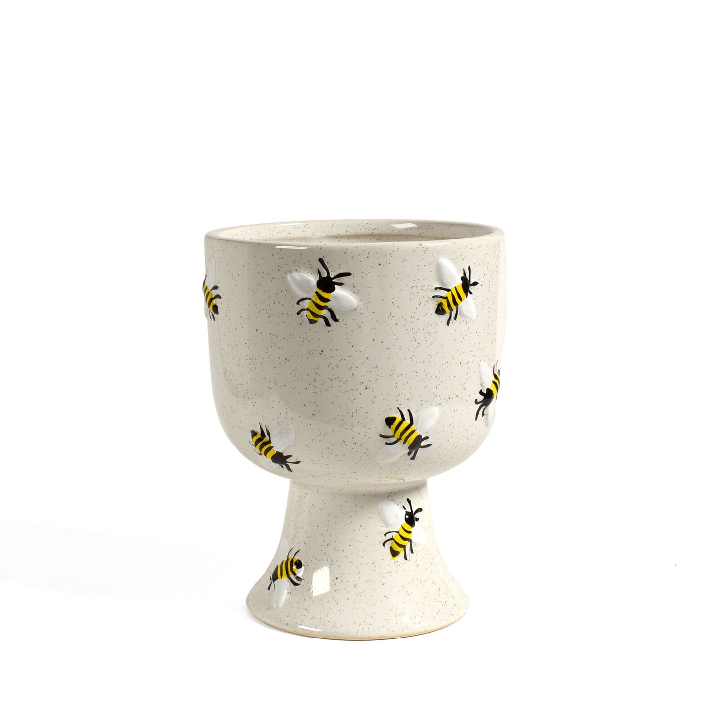 Buzzin' Bees 4.5" x 6" Hand-Painted Ceramic Pedestal Planter Cachepot, Speckled White