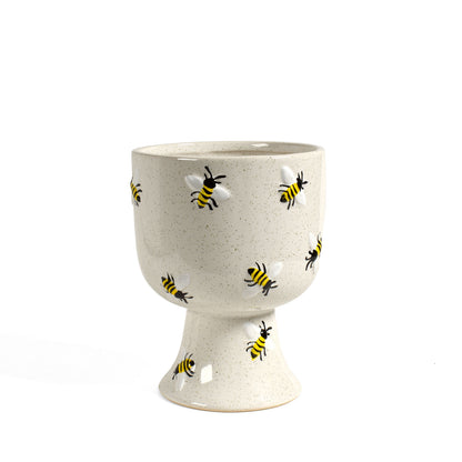 Buzzin' Bees 4.5" x 6" Hand-Painted Ceramic Pedestal Planter Cachepot, Speckled White