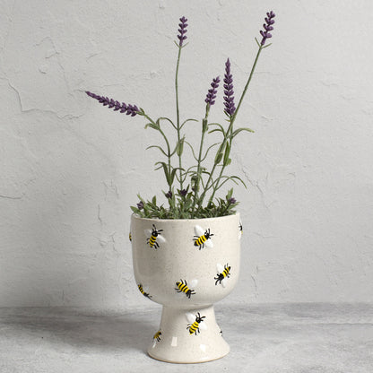 Buzzin' Bees 4.5" x 6" Hand-Painted Ceramic Pedestal Planter Cachepot, Speckled White