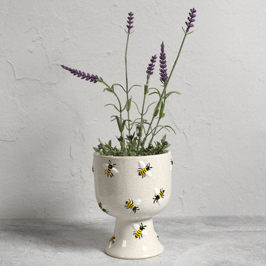Buzzin' Bees 4.5" x 6" Hand-Painted Ceramic Pedestal Planter Cachepot, Speckled White