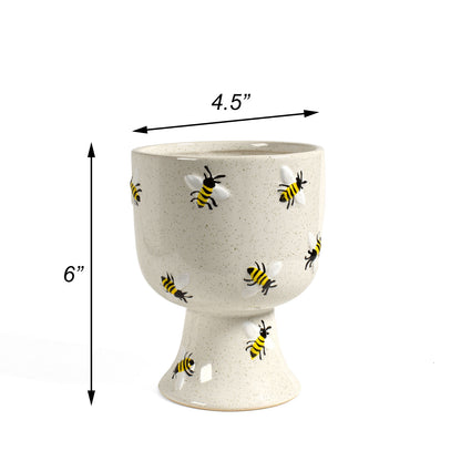 Buzzin' Bees 4.5" x 6" Hand-Painted Ceramic Pedestal Planter Cachepot, Speckled White