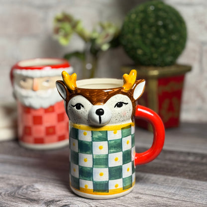 Checkerboard Reindeer Hand-Painted Ceramic Mug