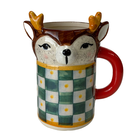 Checkerboard Reindeer Hand-Painted Ceramic Mug