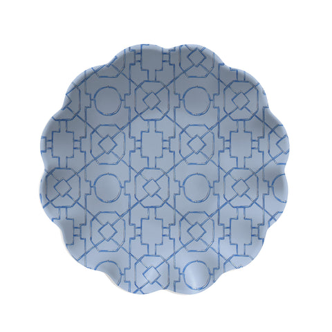 Merritt Vintage Floral 7-1/2" Melamine Salad Plate, Geometric Trellis Pattern with Scalloped Rim, Blue, Set of 6