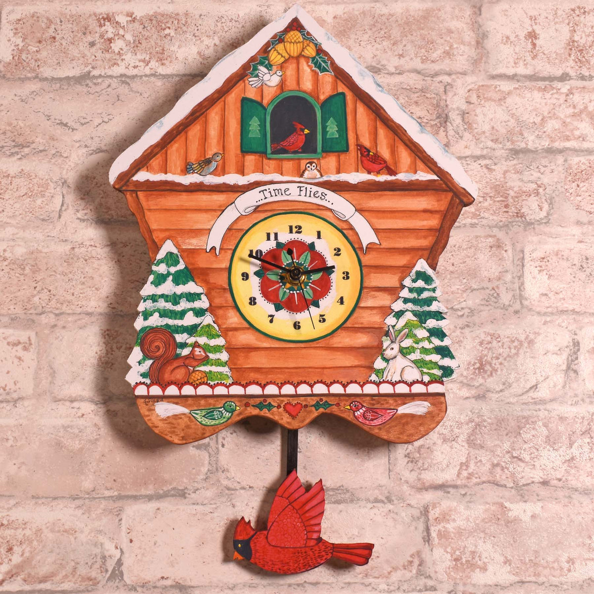 Red Cardinals Winter Bird House American Handmade Pendulum Wall Clock