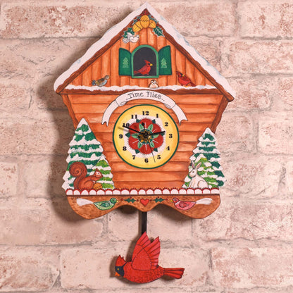 Red Cardinals Winter Bird House American Handmade Pendulum Wall Clock