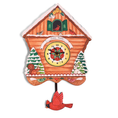Red Cardinals Winter Bird House American Handmade Pendulum Wall Clock