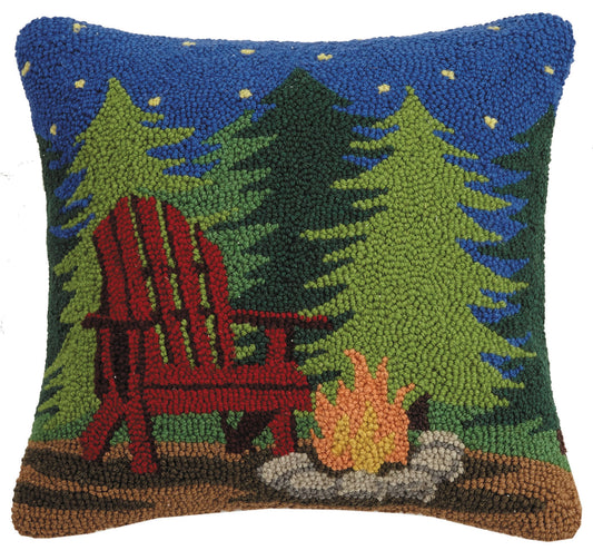 Campfire Scene 16" Square Hooked Wool Throw Pillow with Polyfill Insert, Blue/Green/Multi
