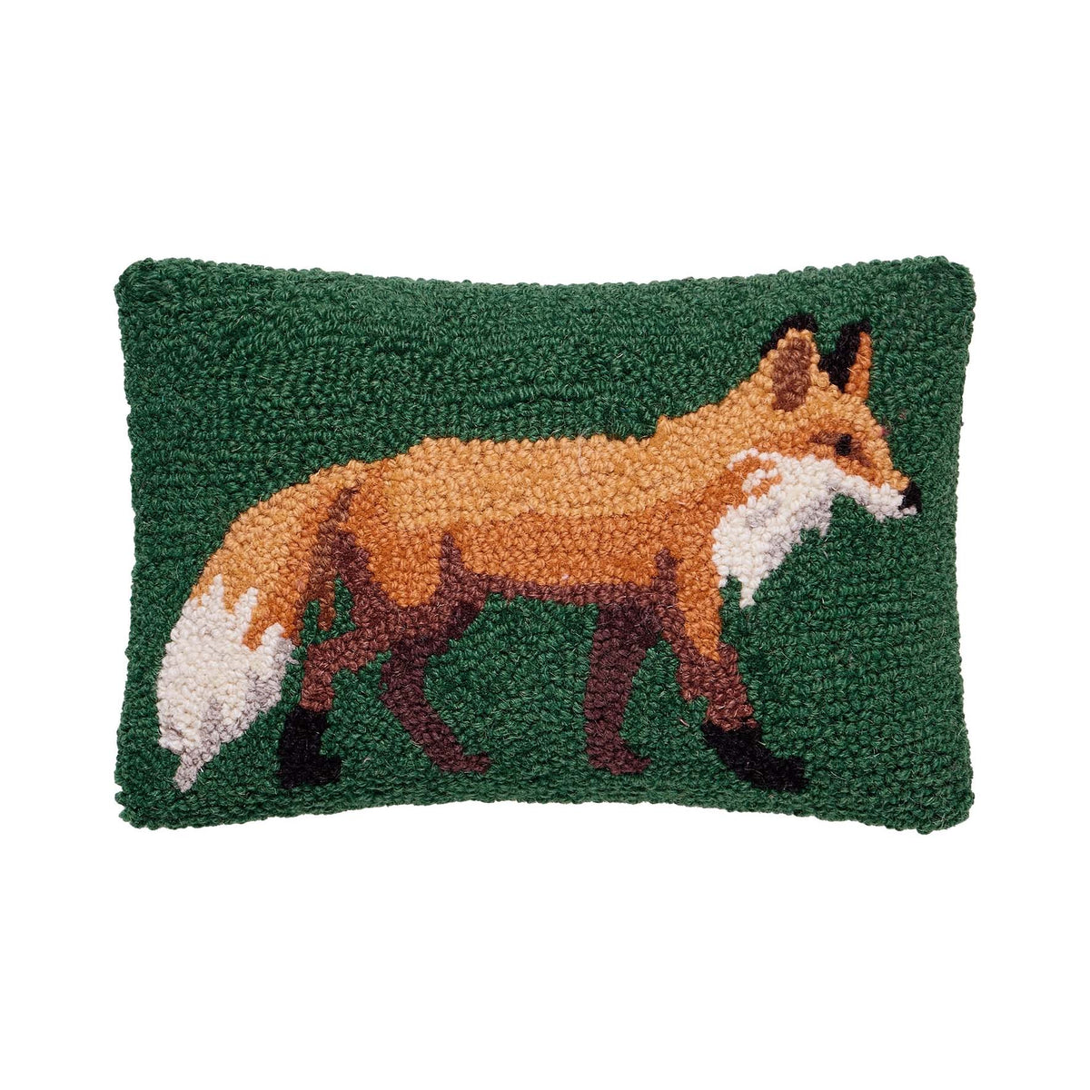 Fox 12" x 8" Small Oblong Hooked Wool Throw Pillow, Green