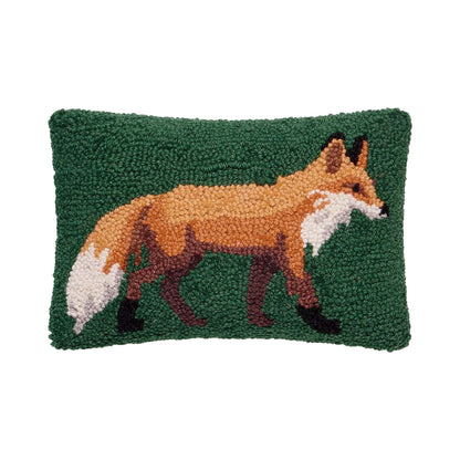 Fox 12" x 8" Small Oblong Hooked Wool Throw Pillow, Green