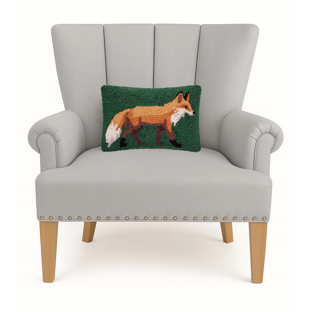 Fox 12" x 8" Small Oblong Hooked Wool Throw Pillow, Green