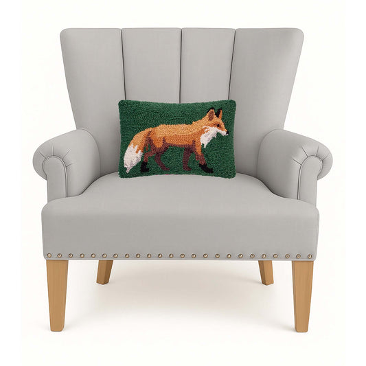 Fox 12" x 8" Small Oblong Hooked Wool Throw Pillow, Green