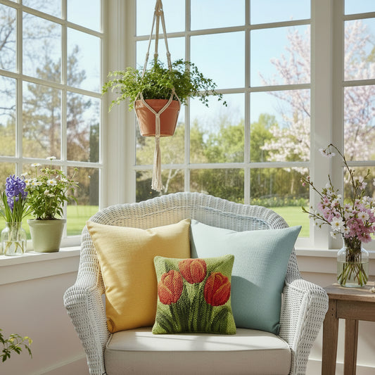 Peking Handicraft Red Tulips 10" Square Hooked Wool Throw Pillow with Polyfill Insert