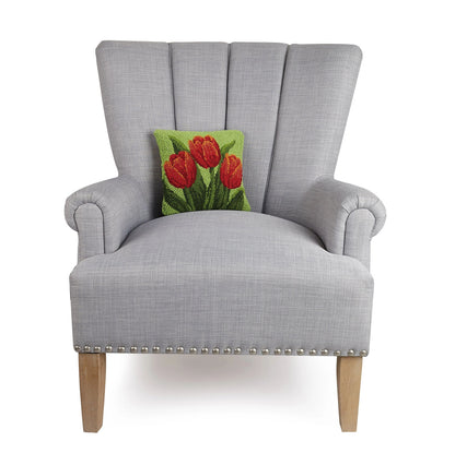 Peking Handicraft Red Tulips 10" Square Hooked Wool Throw Pillow with Polyfill Insert