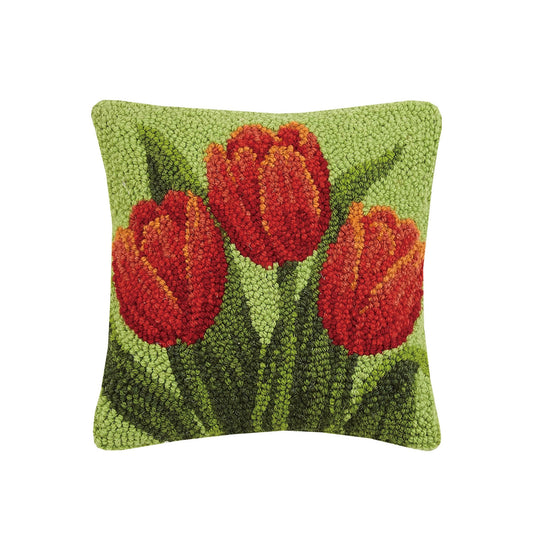 Peking Handicraft Red Tulips 10" Square Hooked Wool Throw Pillow with Polyfill Insert