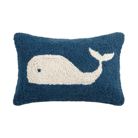 Whale Hooked Wool 12" x 8" Lumbar Throw Pillow with Polyfill Insert, Blue and White