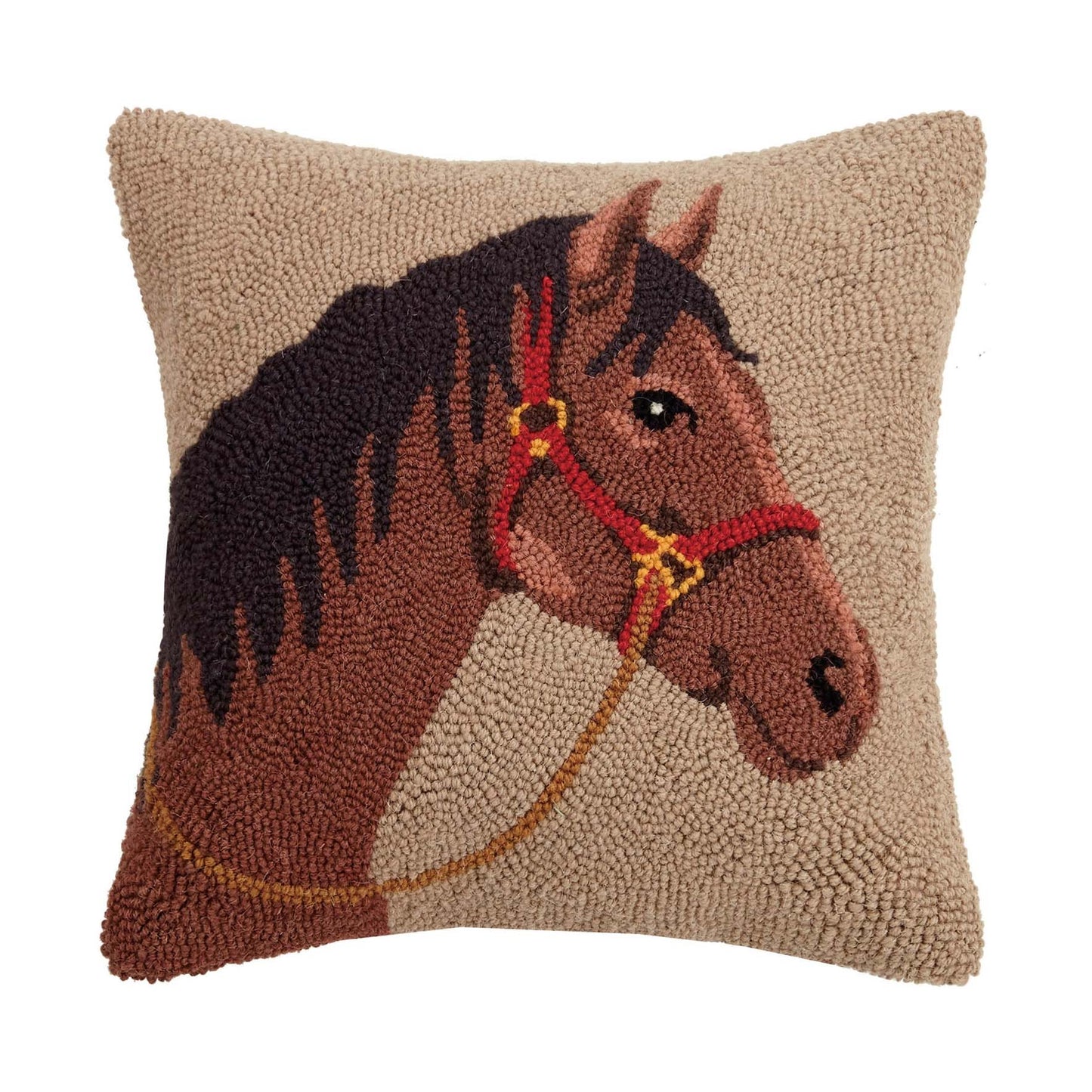 Horse 16" Square Hooked Wool Throw Pillow