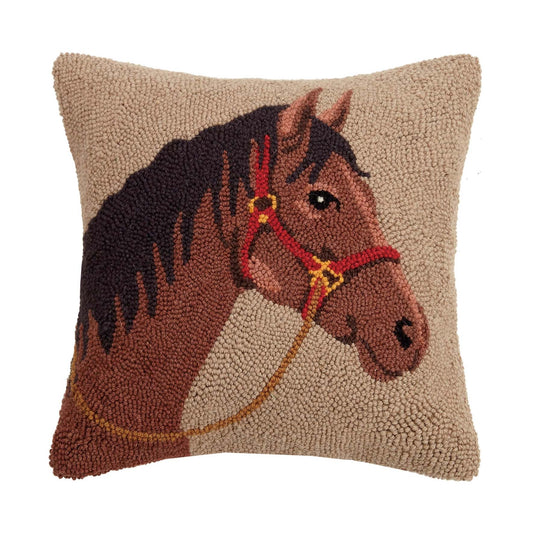 Horse 16" Square Hooked Wool Throw Pillow