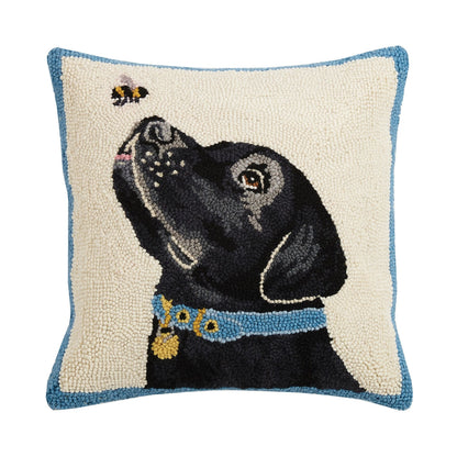 Black Labrador Dog with Bee 16" Square Hooked Wool Throw Pillow, Artwork by Mary Lake-Thompson