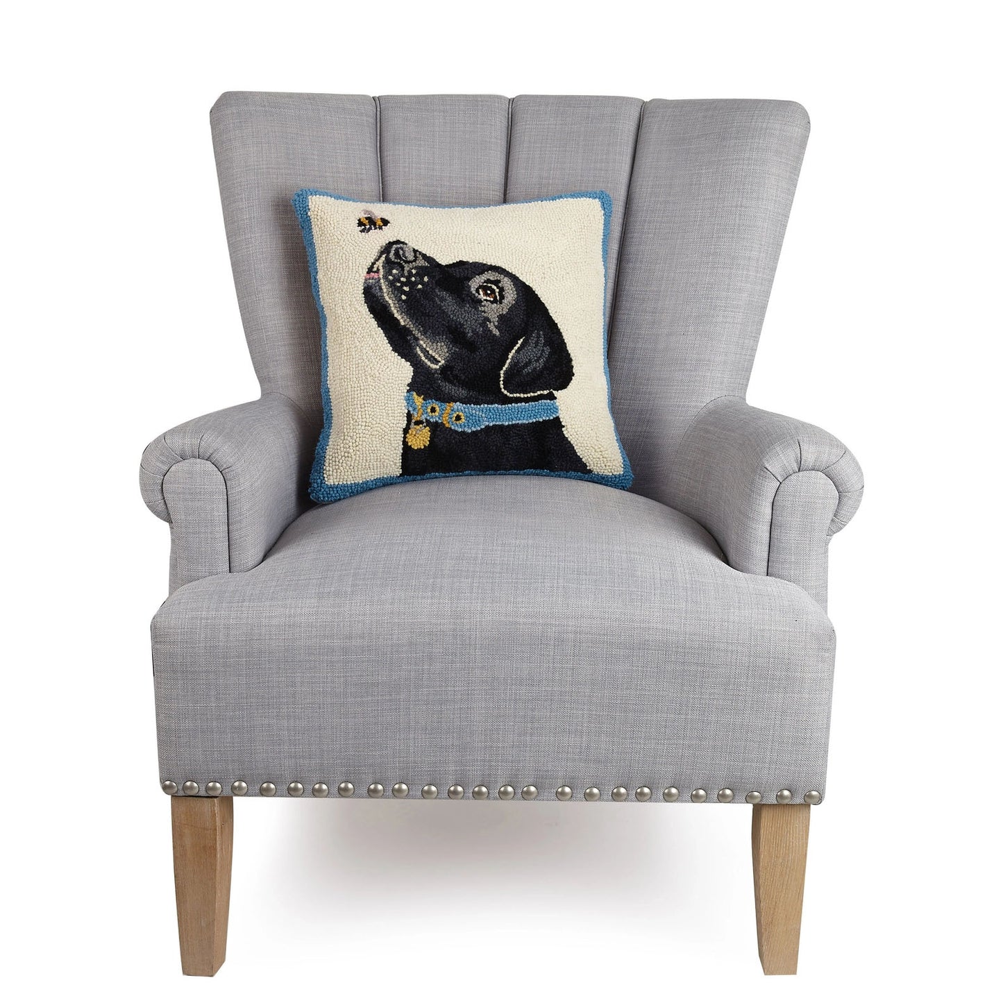 Black Labrador Dog with Bee 16" Square Hooked Wool Throw Pillow, Artwork by Mary Lake-Thompson
