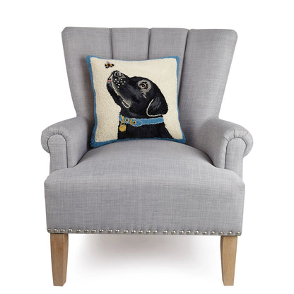 Black Labrador Dog with Bee 16" Square Hooked Wool Throw Pillow, Artwork by Mary Lake-Thompson