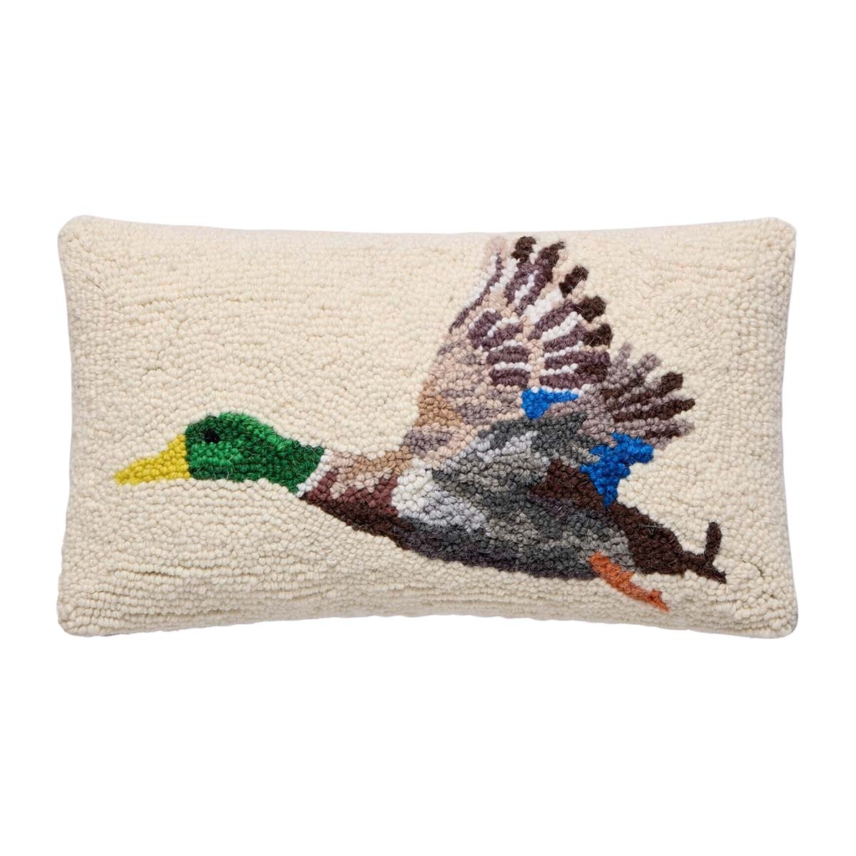 Flying Mallard 16" x 9" Oblong Hooked Wool Throw Pillow