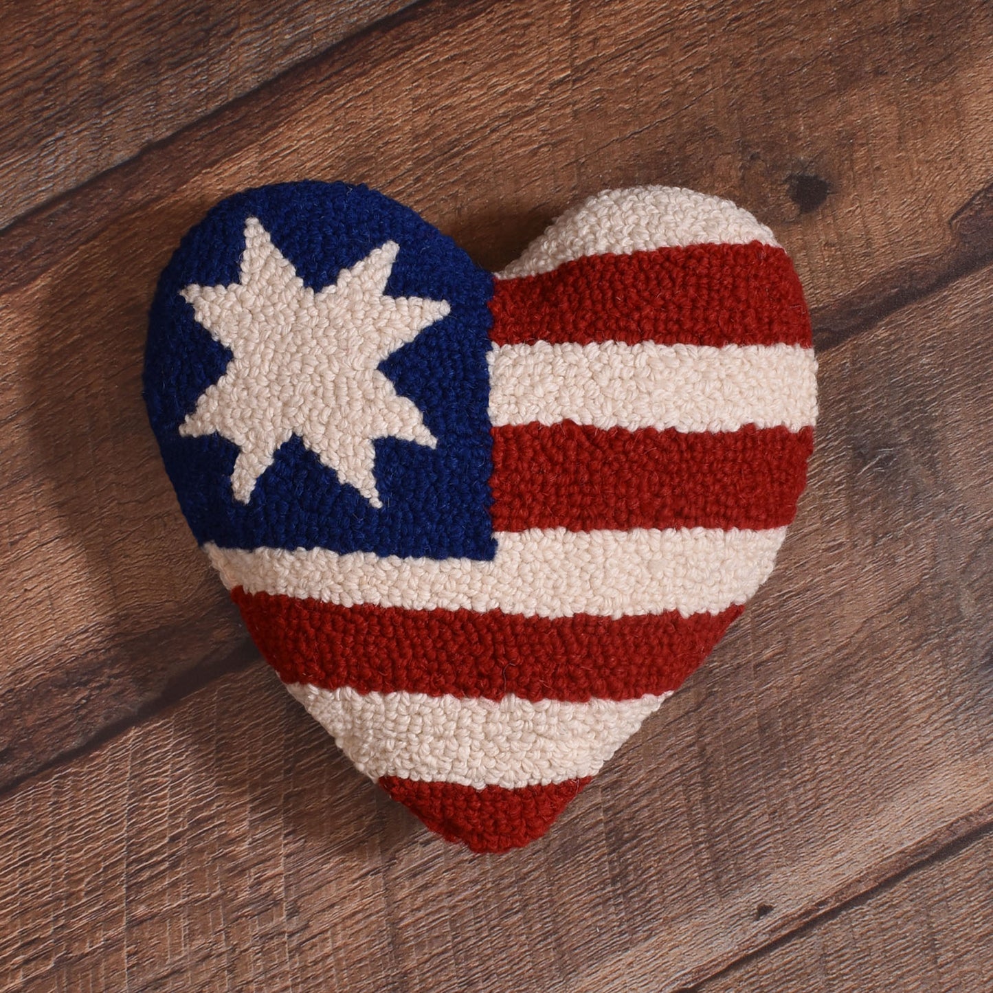 American Flag Themed 9" Heart Shaped Hooked Wool Throw Pillow