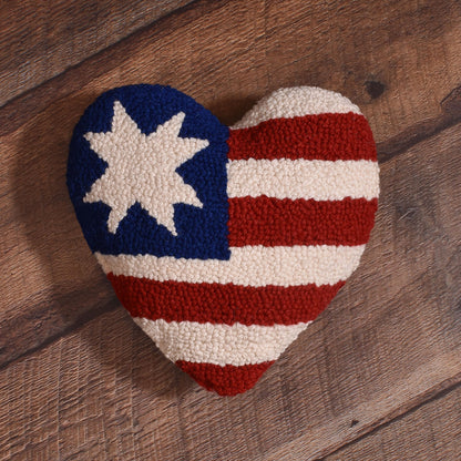 American Flag Themed 9" Heart Shaped Hooked Wool Throw Pillow