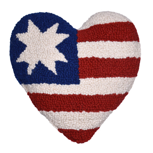 American Flag Themed 9" Heart Shaped Hooked Wool Throw Pillow