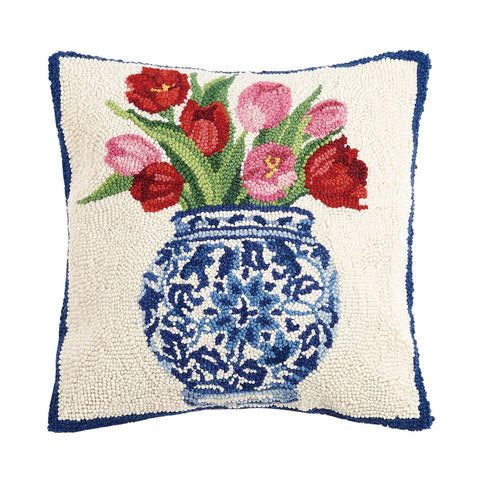 Tulips in Chinoiserie Vase 16" Square Hooked Wool Throw Pillow with Polyfill Insert, Artwork by Sally Eckman Roberts