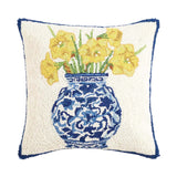 Daffodils in Chinoiserie Vase 16" Square Hooked Wool Throw Pillow, Artwork by Sally Eckman Roberts