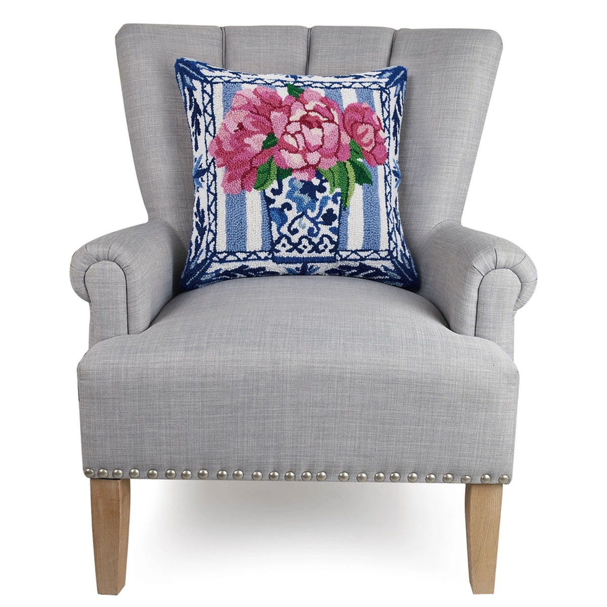 Pretty Petals 18" Square Hooked Wool Throw Pillow by Sally Eckman Roberts