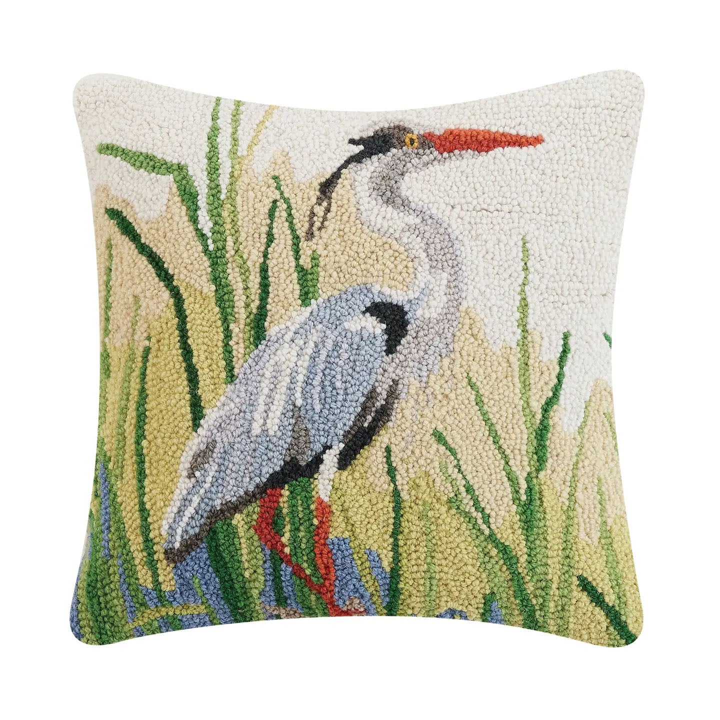 Blue Heron 16" Square Hooked Wool Throw Pillow by Sally Eckman Roberts