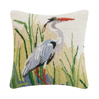 Blue Heron 16" Square Hooked Wool Throw Pillow by Sally Eckman Roberts