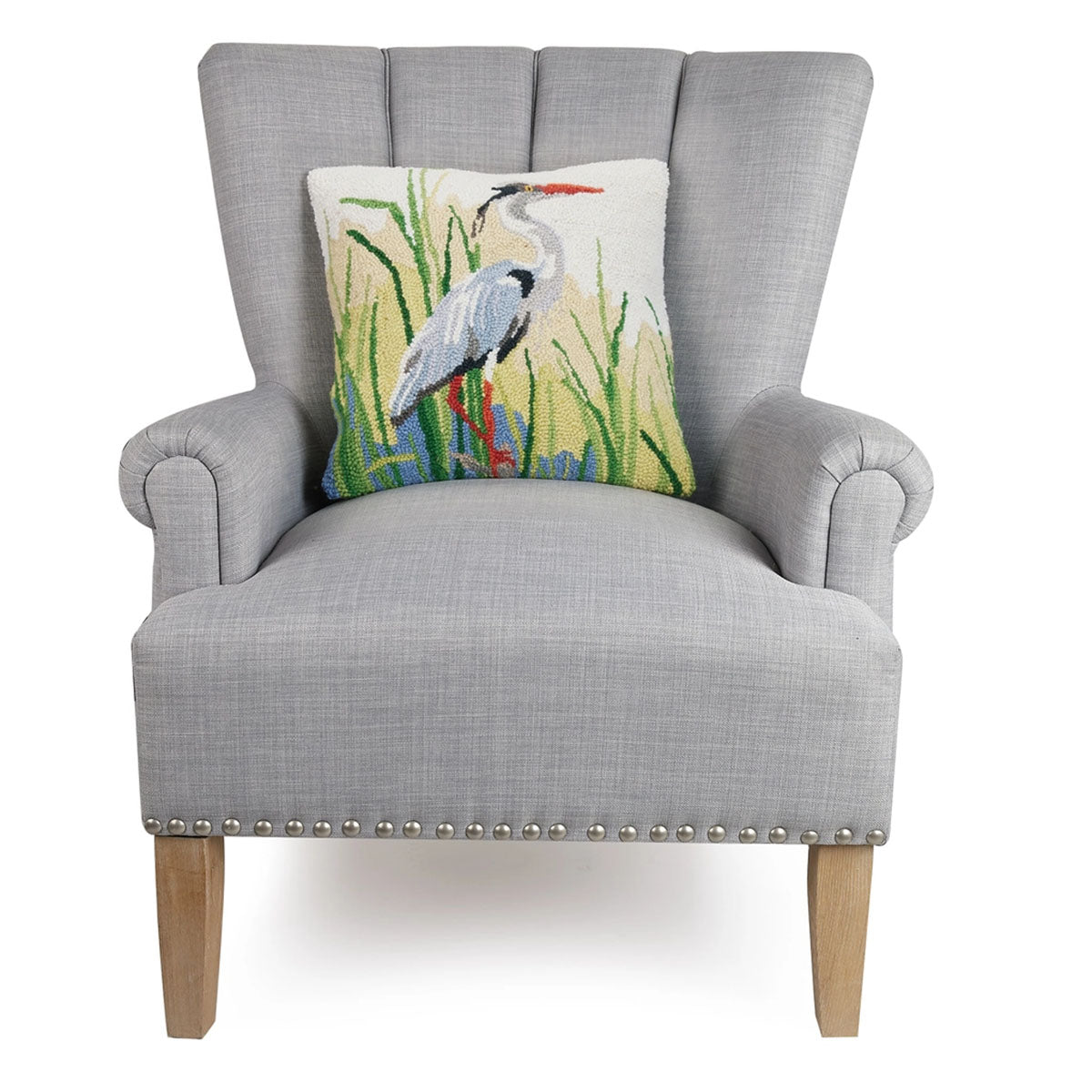 Blue Heron 16" Square Hooked Wool Throw Pillow by Sally Eckman Roberts