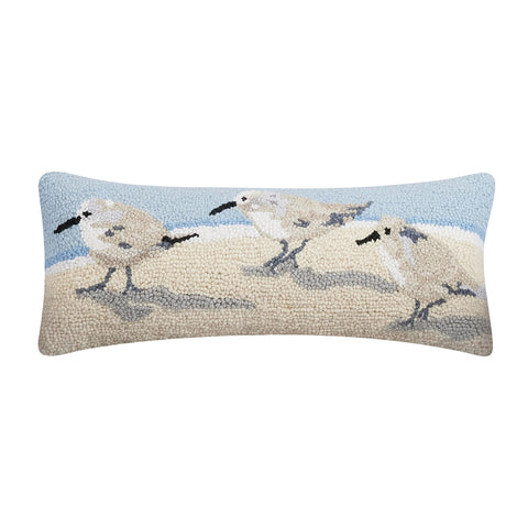 Sandpipers 20" x 8" Rectangular Hooked Wool Throw Pillow with Polyfill Insert, Artwork by Sally Eckman Roberts