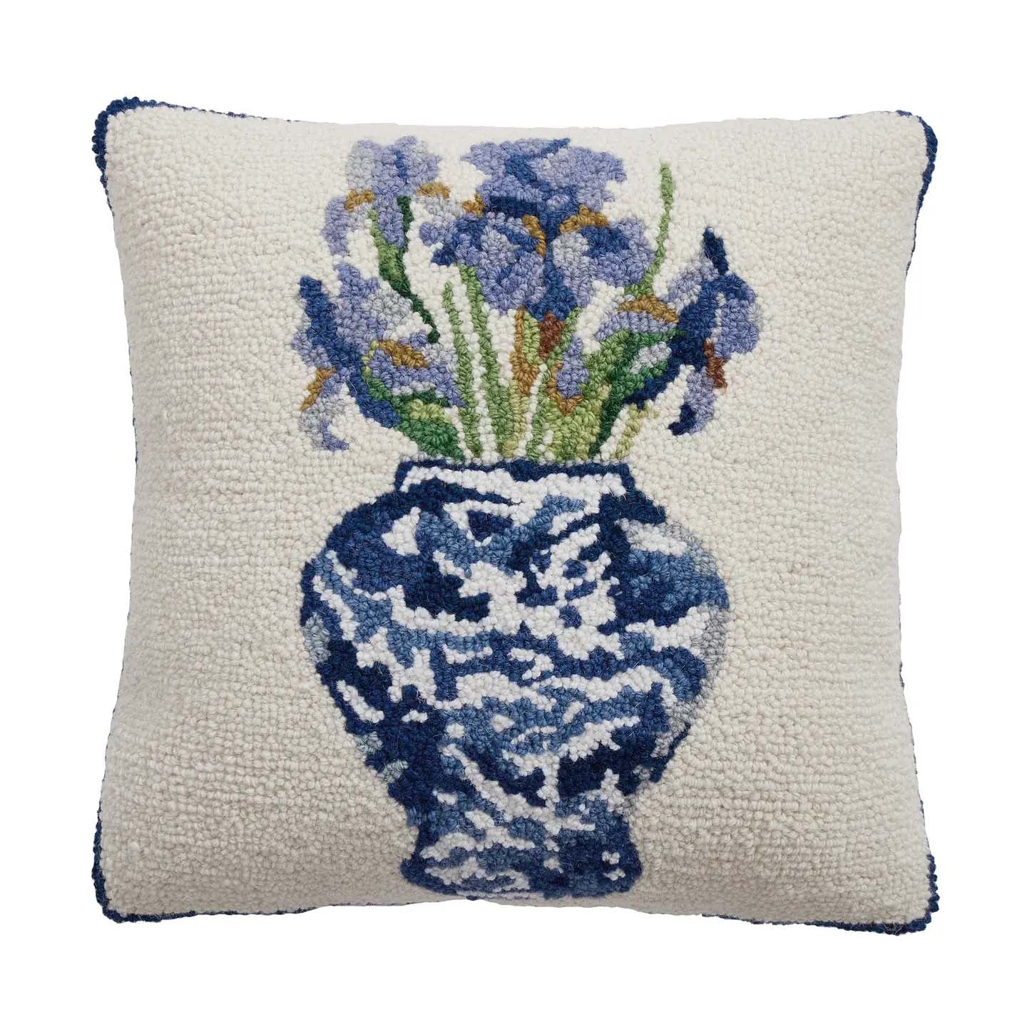Chinoiserie Irises by Sally Eckman Roberts 16" Square Hooked Wool Throw Pillow